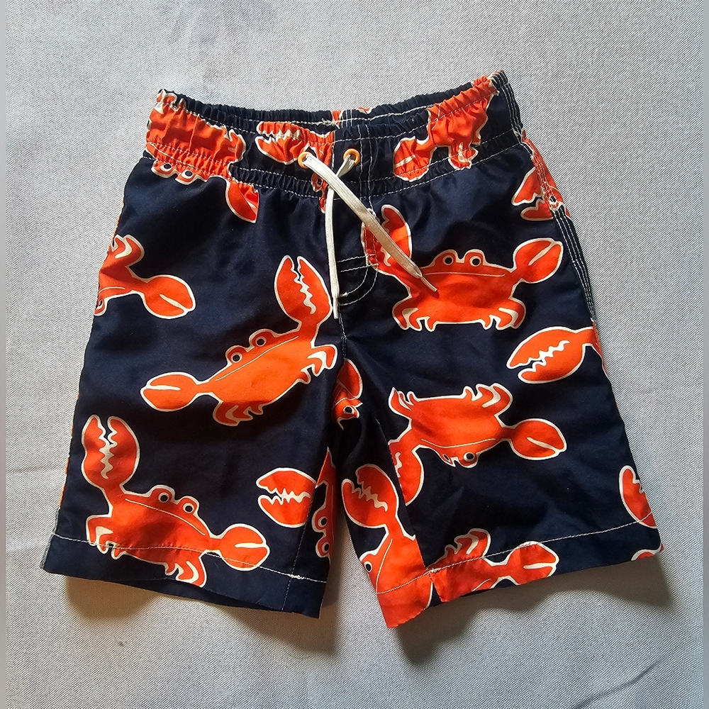 Crazy 8 Boys 3T Navy Blue & Orange Crab Swim Trunks, Drawstring Waist